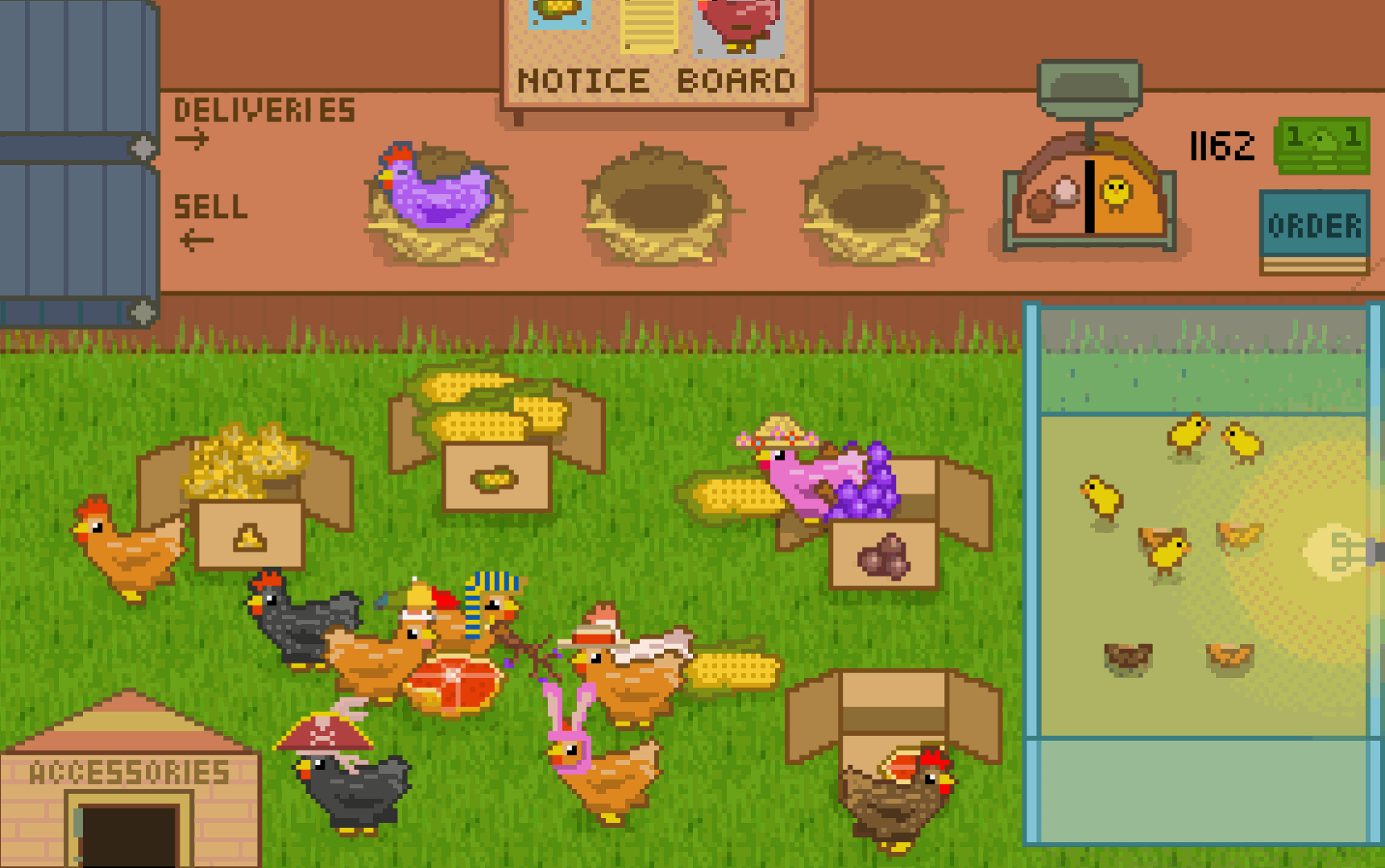 Chickens walking around in game Peckin' Pixels